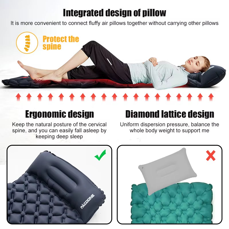 Outdoor Sleeping Pad Camping Inflatable Mattress Built-In Pump Ultralight Air Cushion Travel Mat with Headrest for Trave