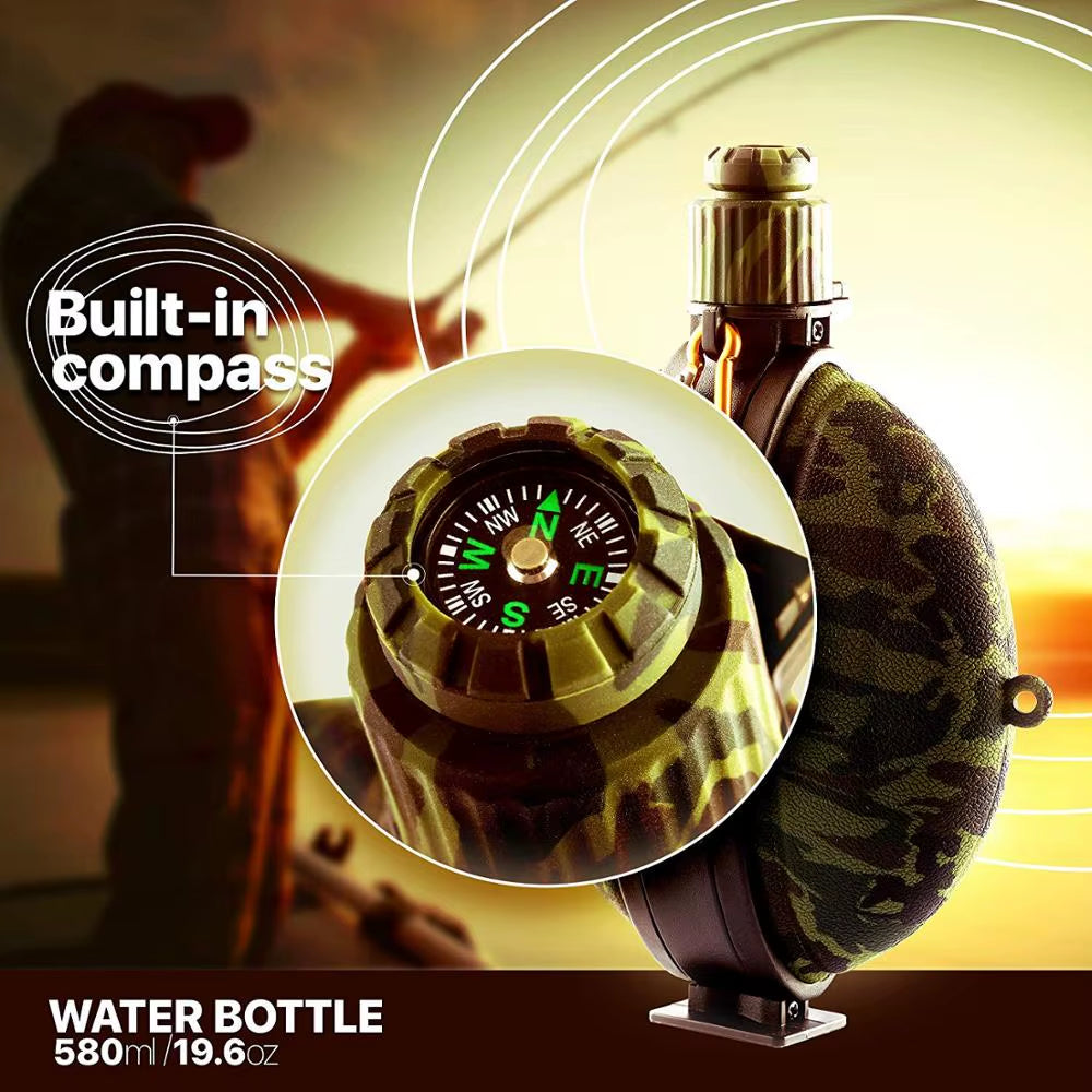 580ML Collapsible Military Water Bottle FDA Food Grade Silicone Water Kettle Canteen with Compass Bottle Cap for Hiking Camping