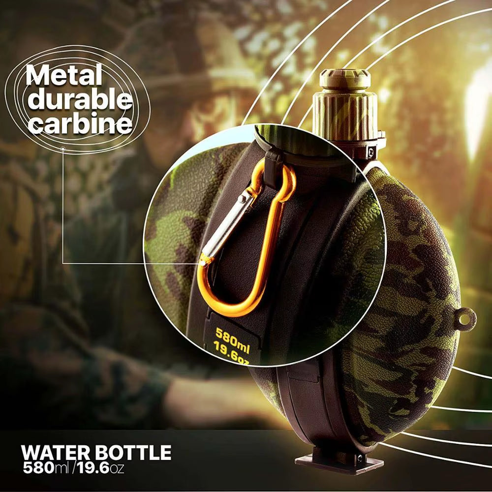 580ML Collapsible Military Water Bottle FDA Food Grade Silicone Water Kettle Canteen with Compass Bottle Cap for Hiking Camping