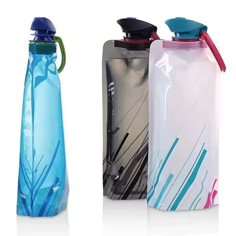 Foldable Water Bottles Flexible Reusable Travel Water Bottle Plastic Water Pouch Soft Flask Water Bag with Carabiner Clip