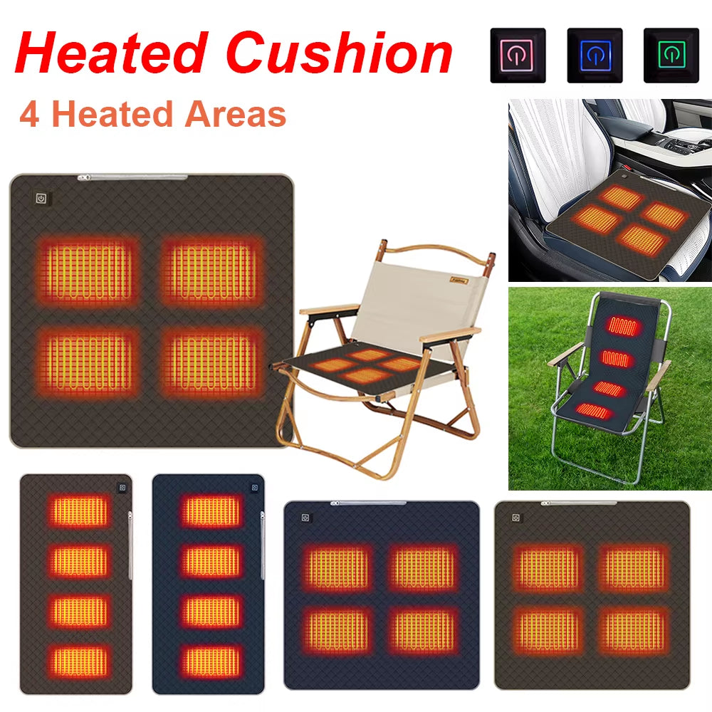 4 Zones Electric Heated Seat Usb/Type-C Winter Warm Car Seat Pad Waterproof 3 Levels Folding Heating Chair Pad for Outdoor Trave